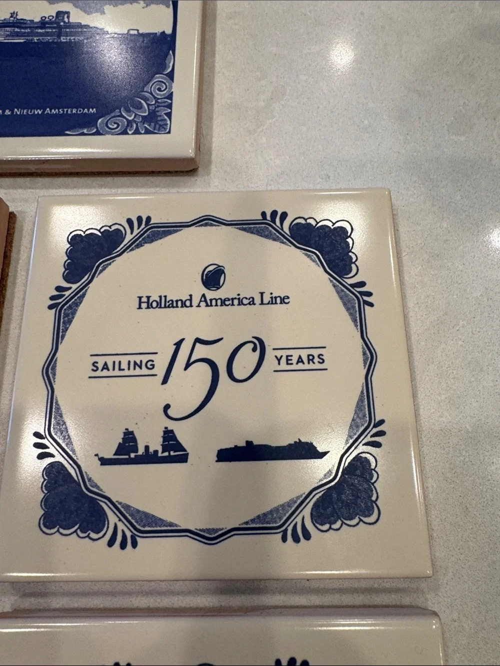 Holland America Line 150th Anniversary Blue & Cream Coaster Set 5 pieces